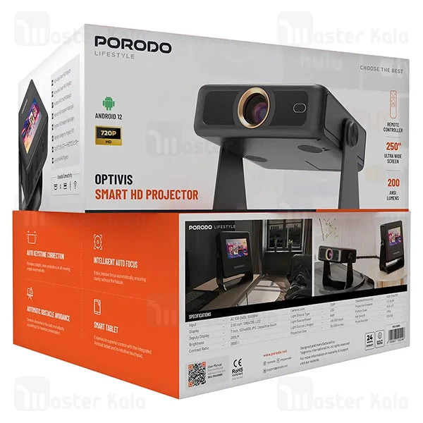 ویدیو پروژکتور هوشمند پرودو Porodo Optivis PDA10BBK دارای مانیتور